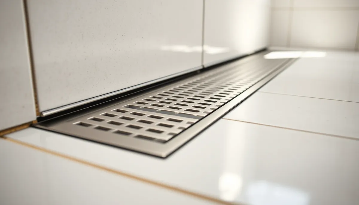 Caniveau de douche en inox encastré dans un sol carrelé, vue rapprochée