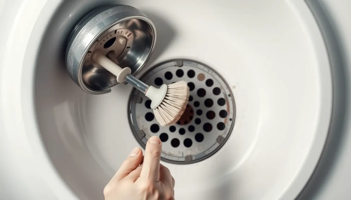 Nettoyage d'un siphon de douche avec un goupillon, vue de dessus