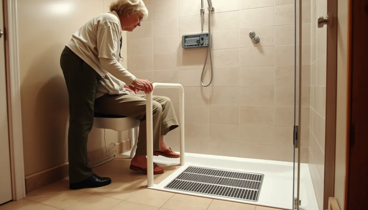 Personne âgée utilisant une douche à l'italienne accessible avec caniveau