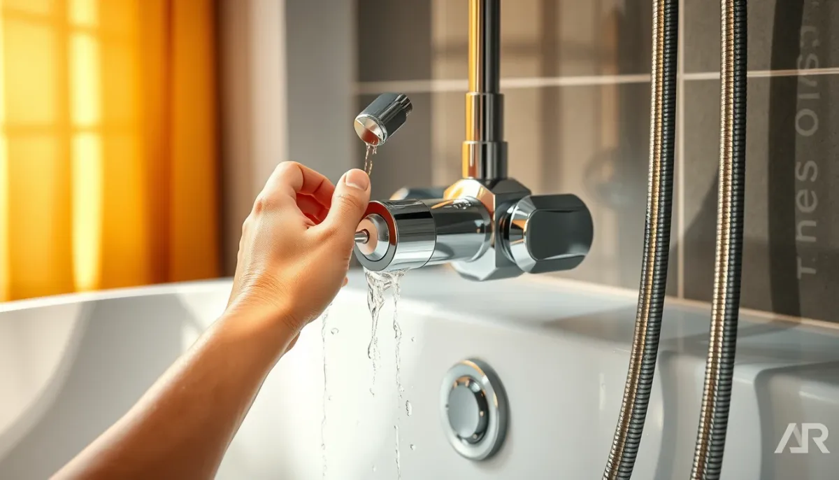 Mitigeur thermostatique pour baignoire douche, gros plan sur la robinetterie