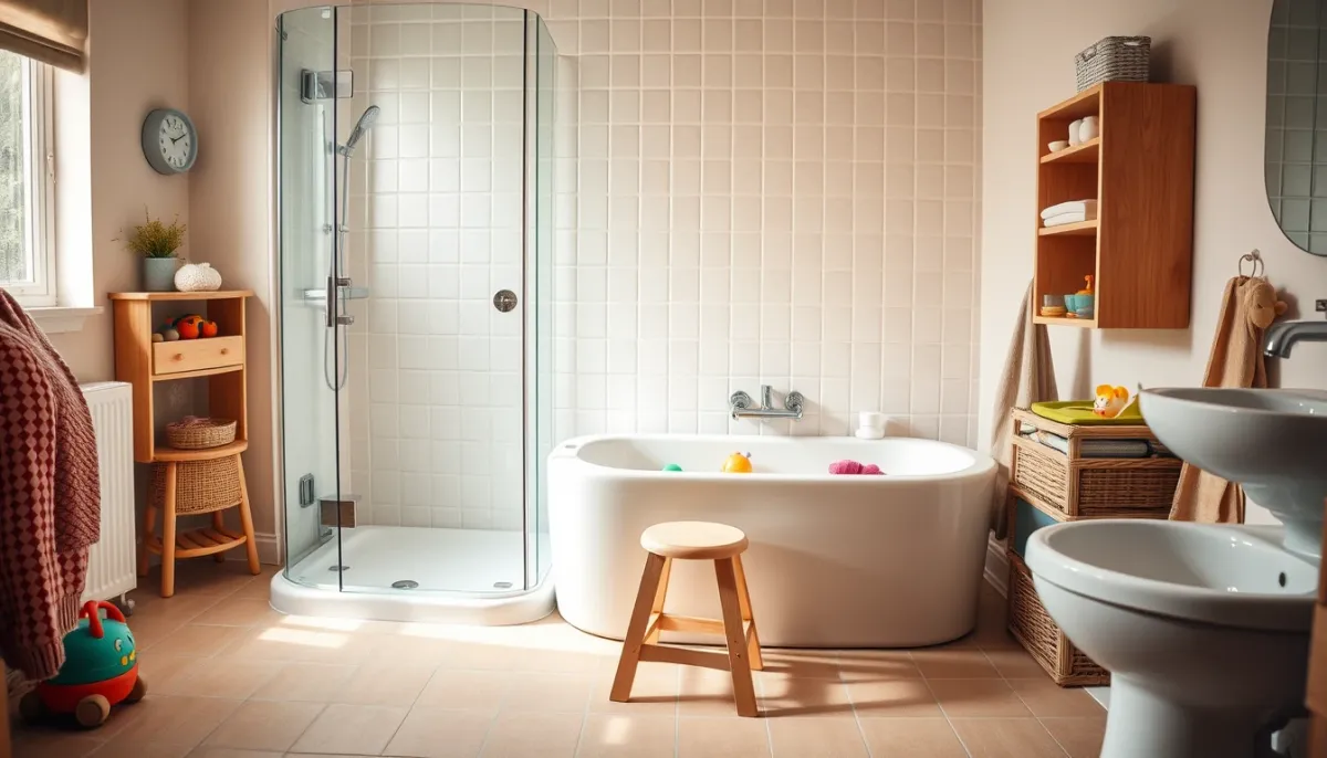 Salle de bains familiale avec baignoire douche et tabouret pour enfants