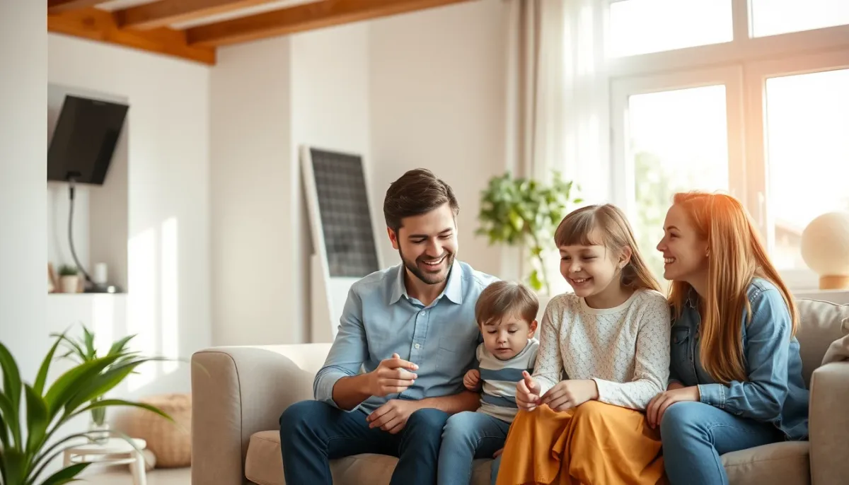 Famille dans une maison équipée d'un chauffe-eau solaire