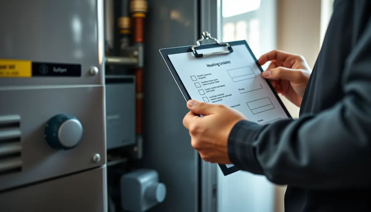 Technicien chauffagiste vérifiant la liste d'entretien d'une chaudière gaz