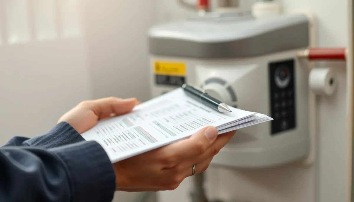 Technicien chauffagiste tenant une attestation d'entretien devant une chaudière