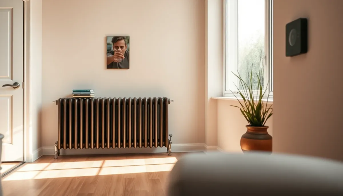 Salon confortable avec radiateur et thermostat mural