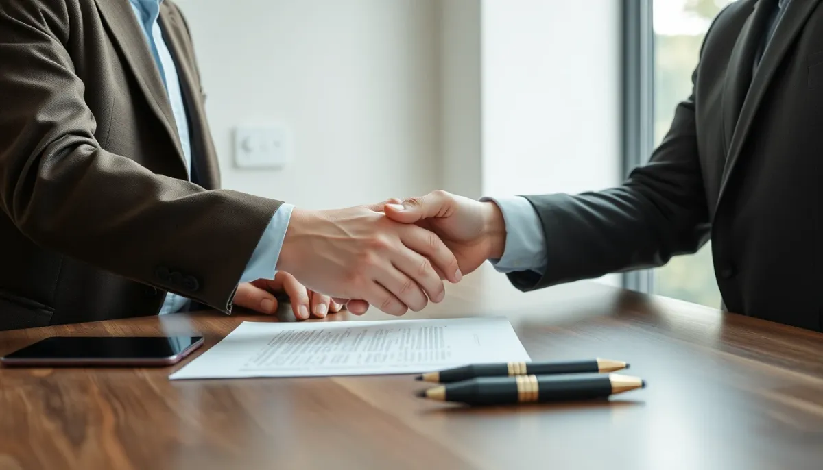 Poignée de main entre locataire et propriétaire au-dessus d'un contrat