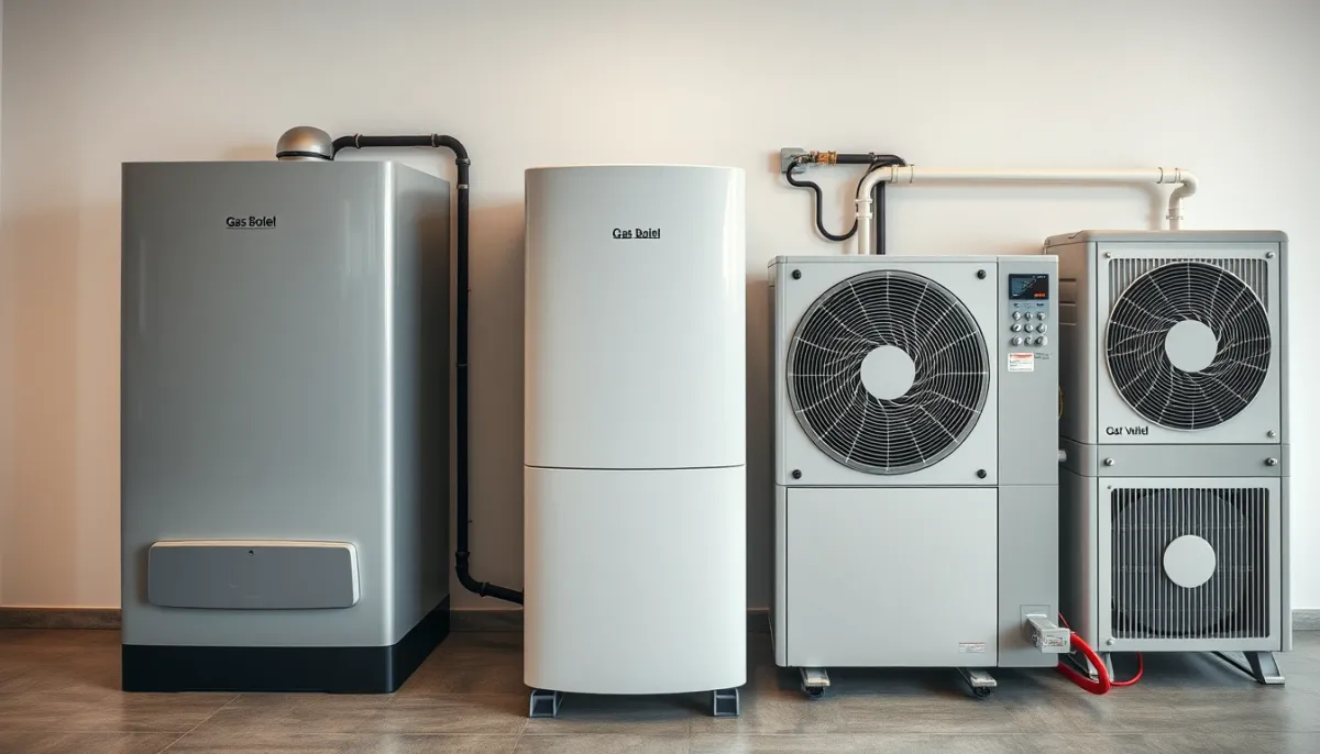 Comparatif visuel de trois systèmes de chauffage : gaz, fioul et pompe à chaleur