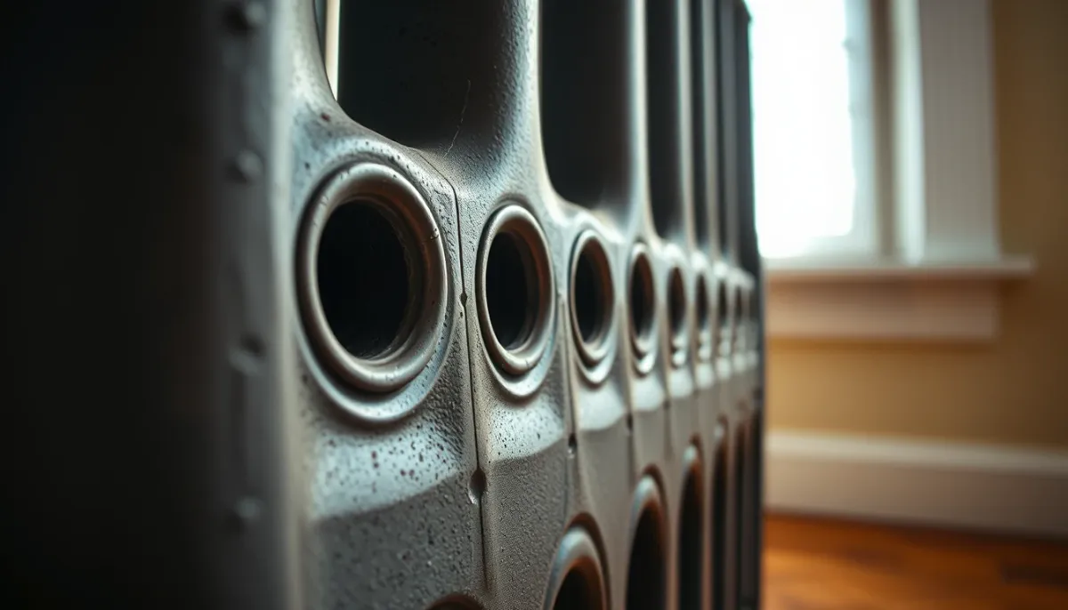 Gros plan sur un radiateur en fonte montrant ses éléments et robinets