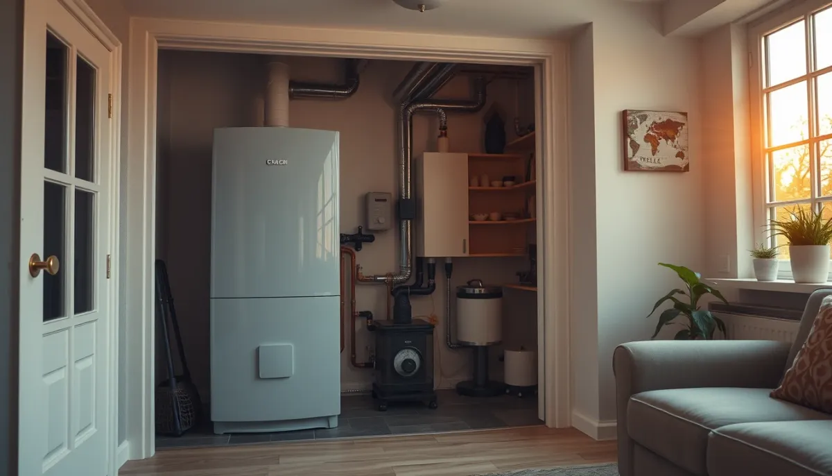 Intérieur d'une maison de ville avec un local technique bien aménagé pour une chaudière