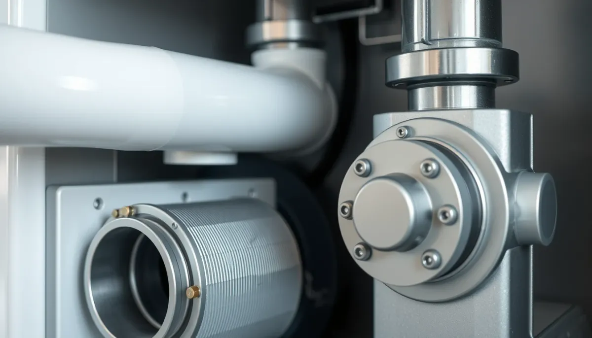 Gros plan sur l'échangeur thermique et le raccordement de fumée d'une chaudière gaz à condensation