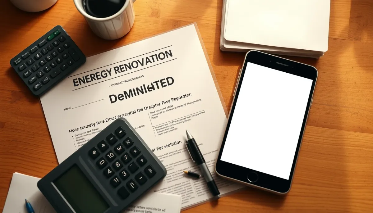 Bureau avec documents de rénovation énergétique, calculatrice et smartphone pour estimer les aides