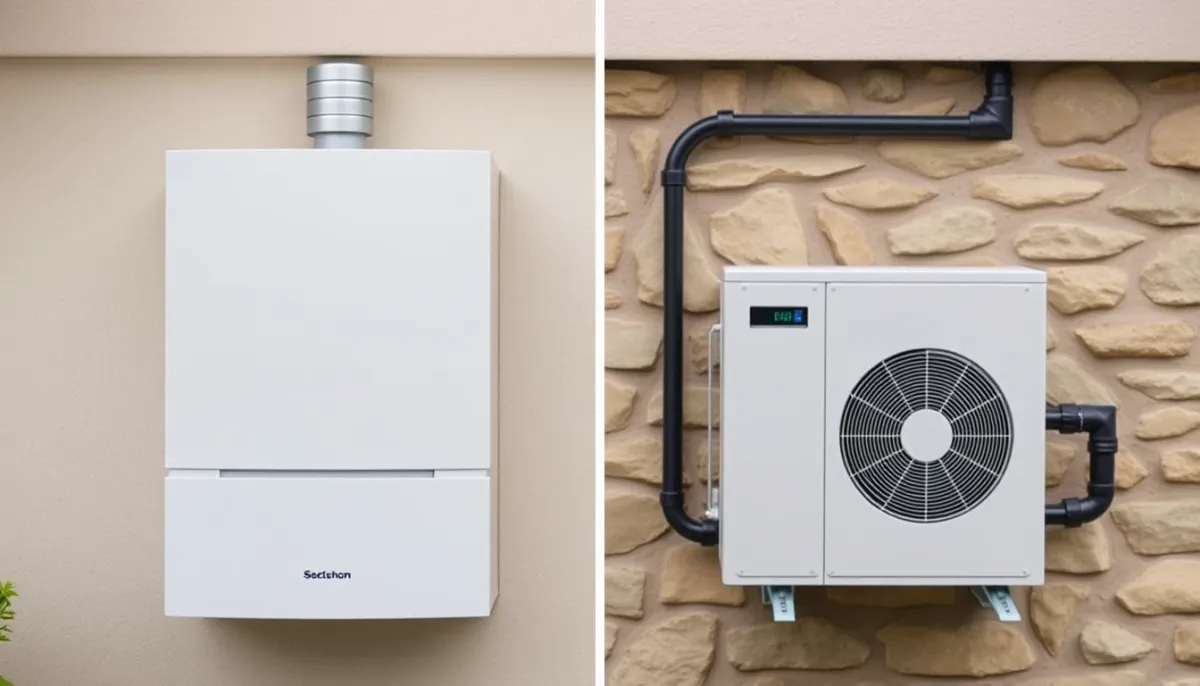 Comparaison visuelle entre une chaudière gaz à condensation murale et une pompe à chaleur en extérieur