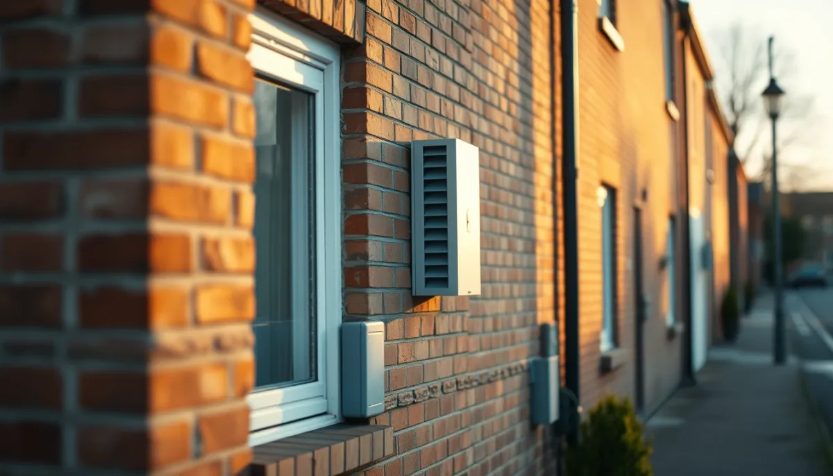 Façade de maison en briques dans le Valenciennois avec coffret gaz et grille de ventilation